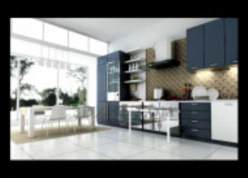 Floor-to-ceiling windows with black-and-white lines kitchen 